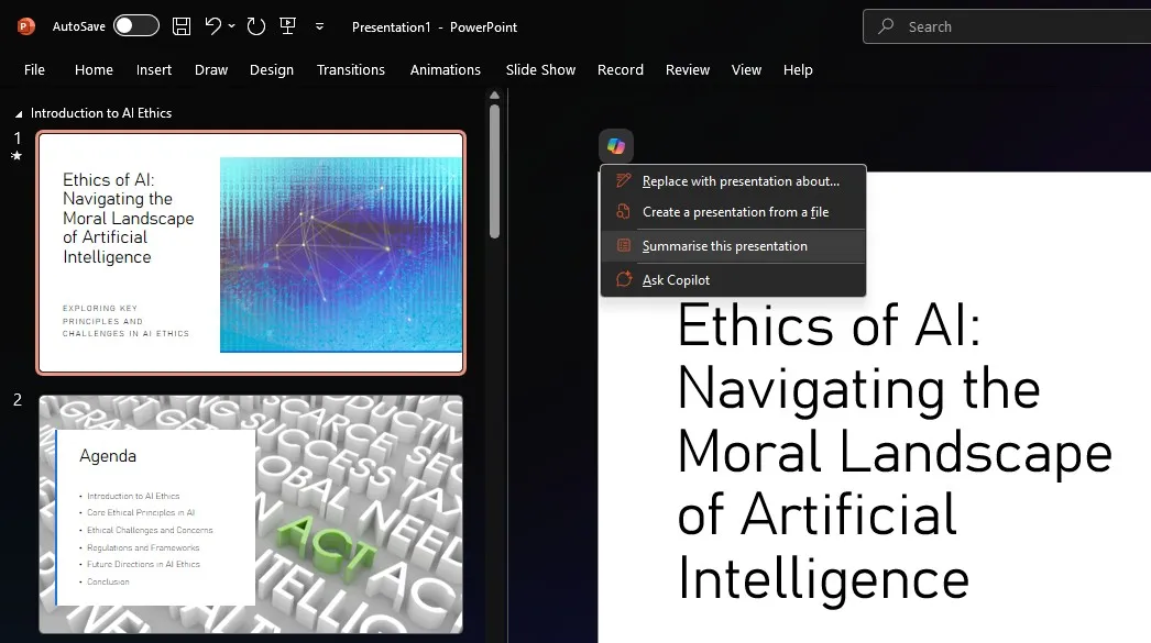 Summarizing presentation with Copilot in PowerPoint