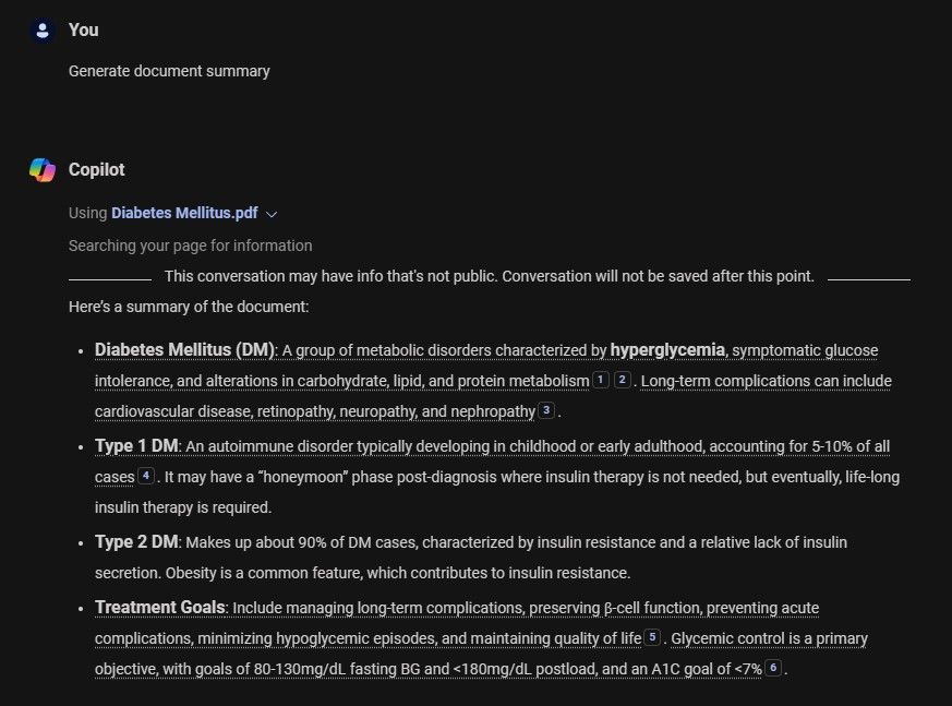 Copilot summarizing a PDF file
