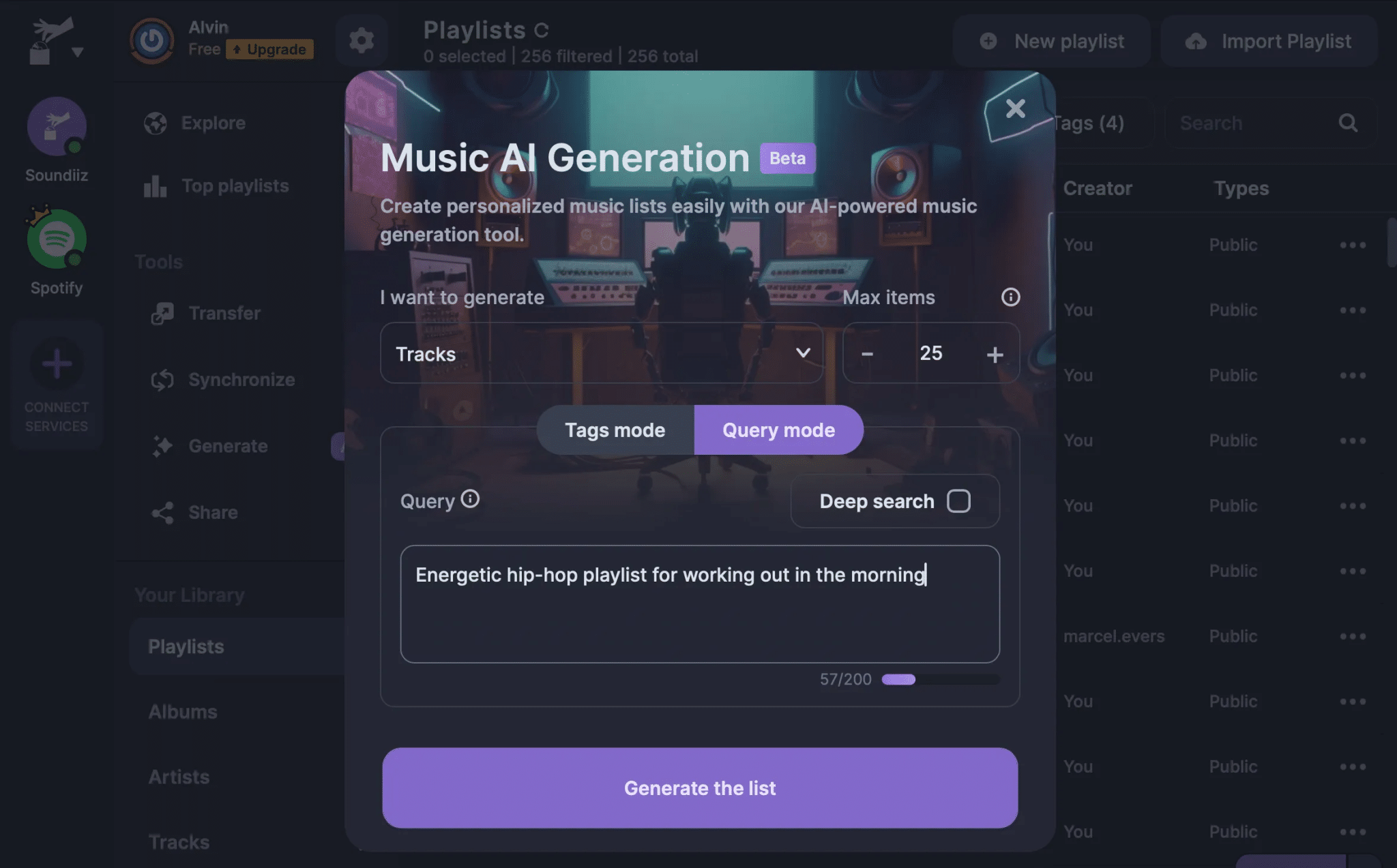 إنشاء قائمة تشغيل باستخدام الذكاء الاصطناعي مع Soundiiz AI playlist generator