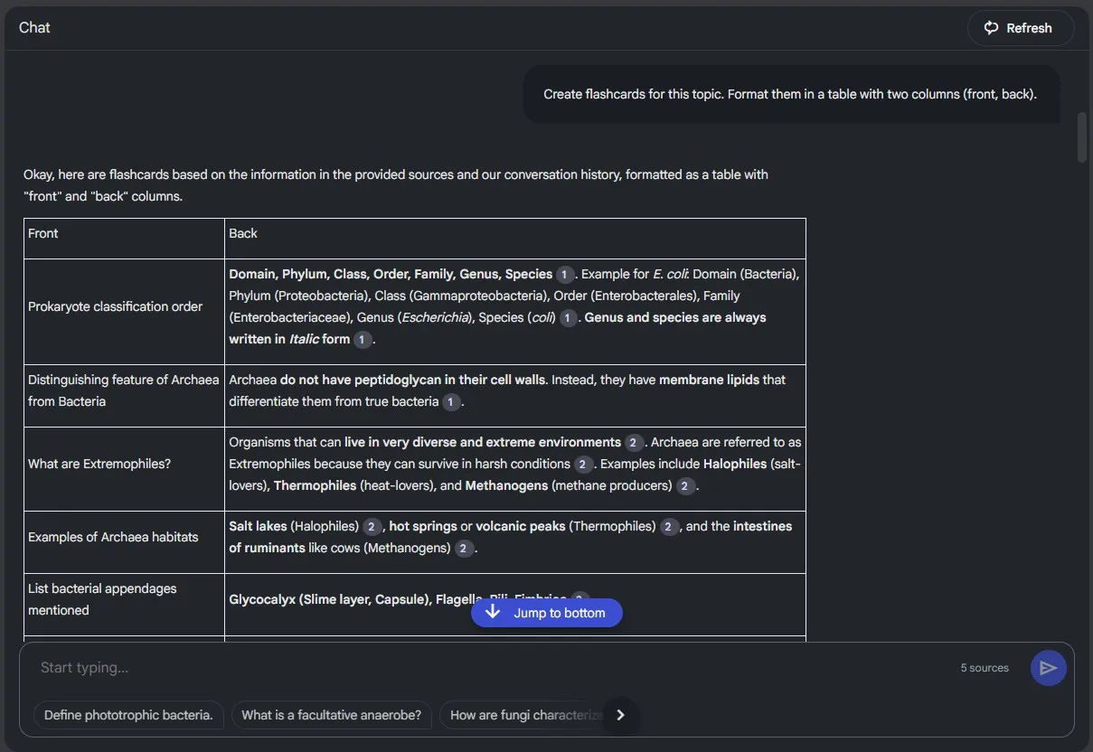 Creating flashcard tables with NotebookLM