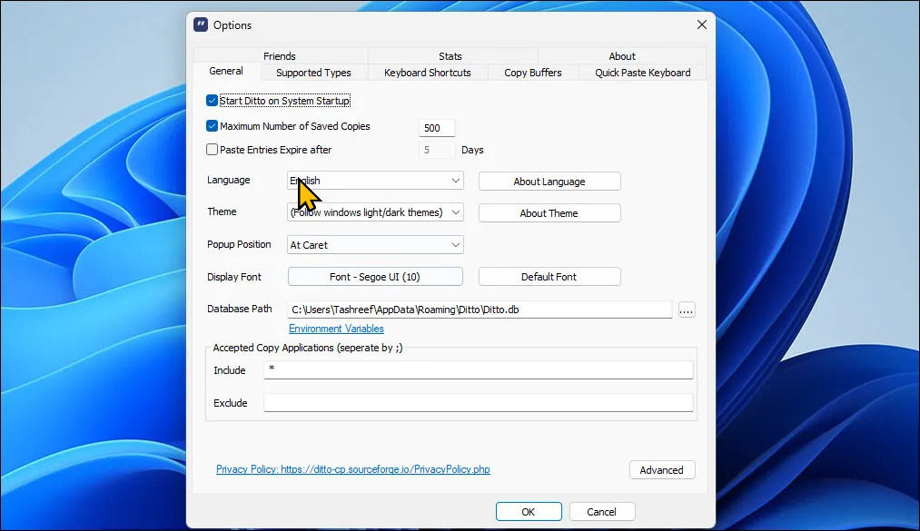 نافذة خيارات برنامج إدارة الحافظة Ditto على نظام التشغيل Windows 11