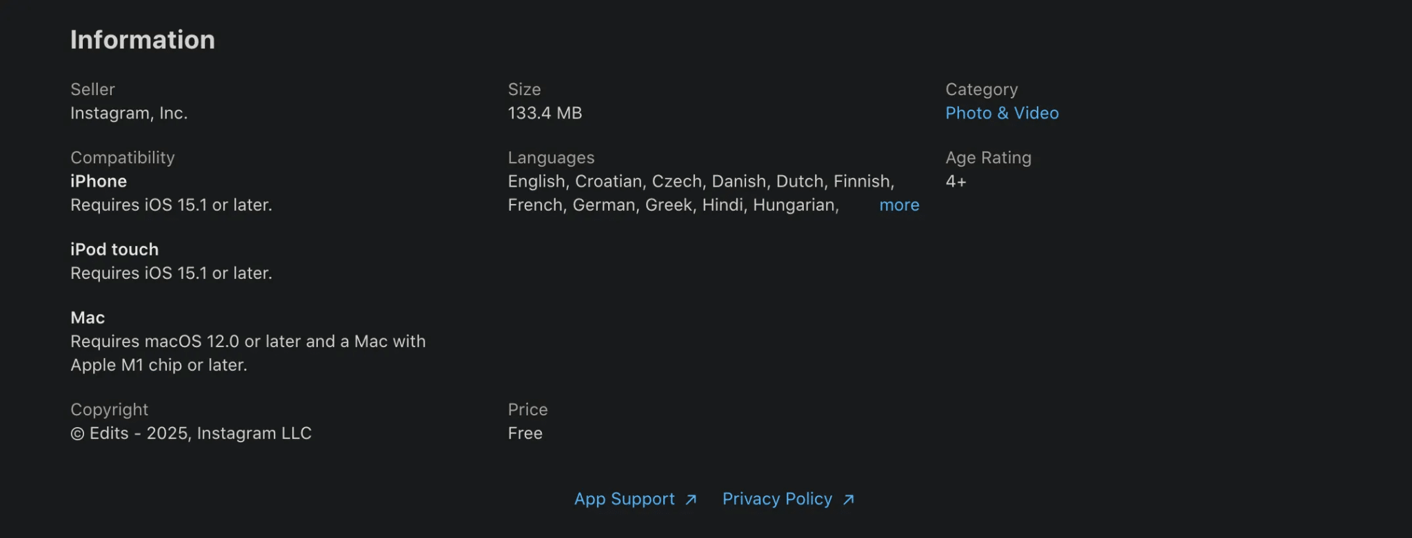 Edits App Store Description