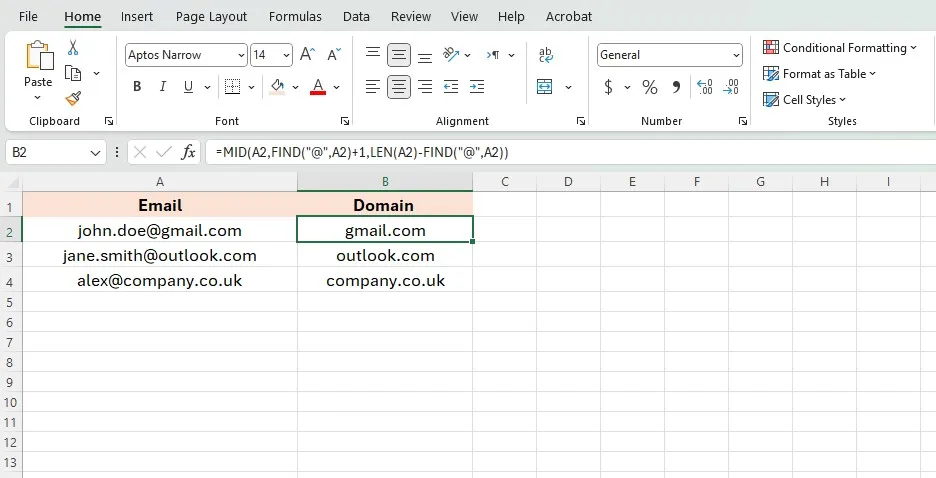 استخراج نطاقات البريد الإلكتروني في Excel