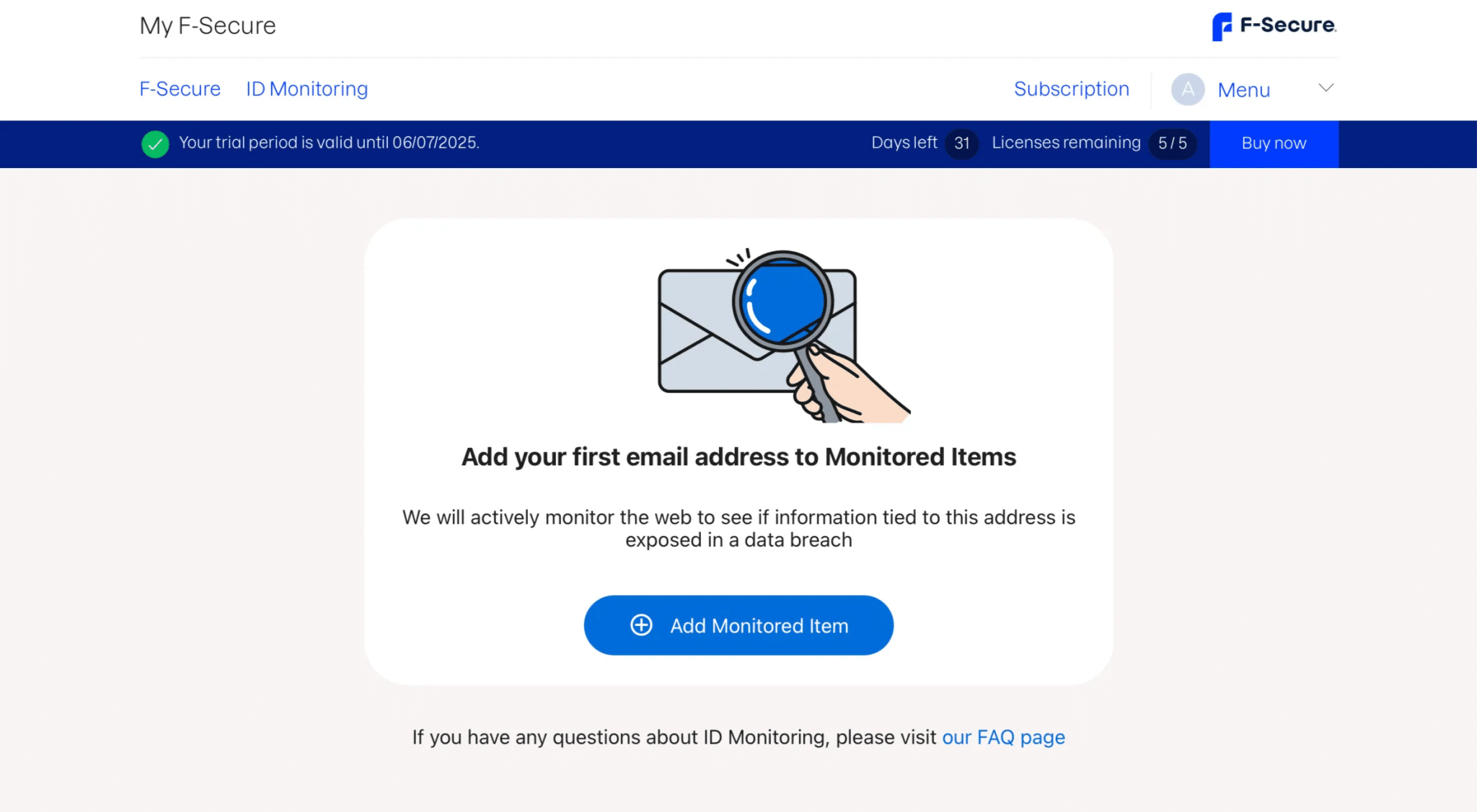 F-Secure ID Monitoring service section