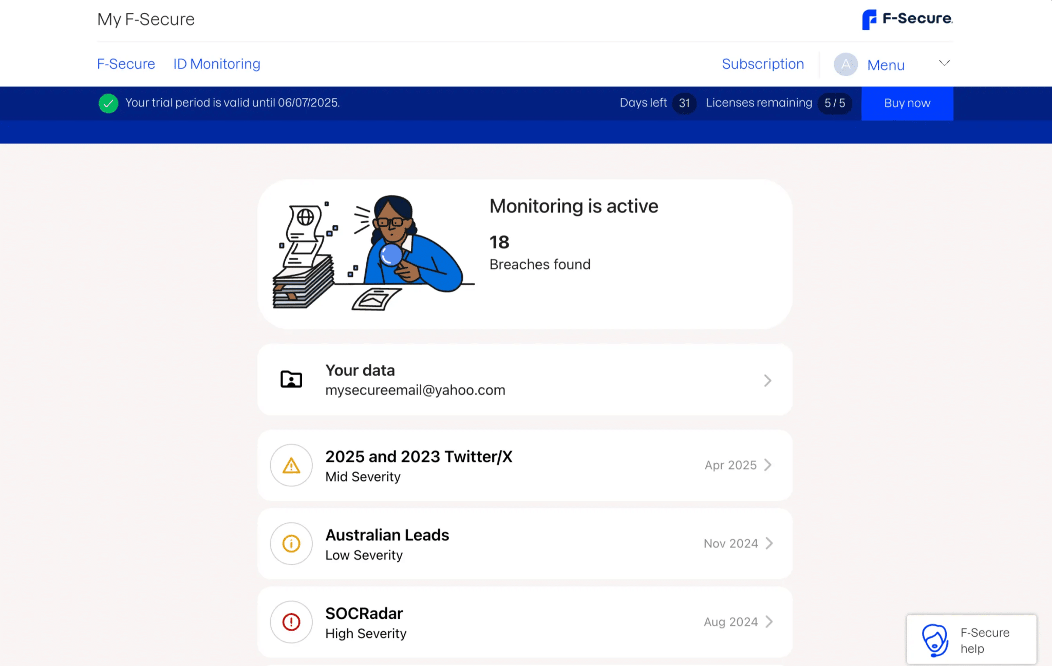 خدمة F-Secure ID Monitoring تعرض عدد الاختراقات التي تم العثور فيها على بياناتي الشخصية