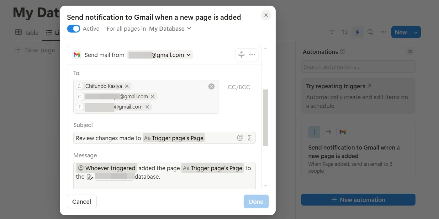 A Gmail automation created in Notion.
