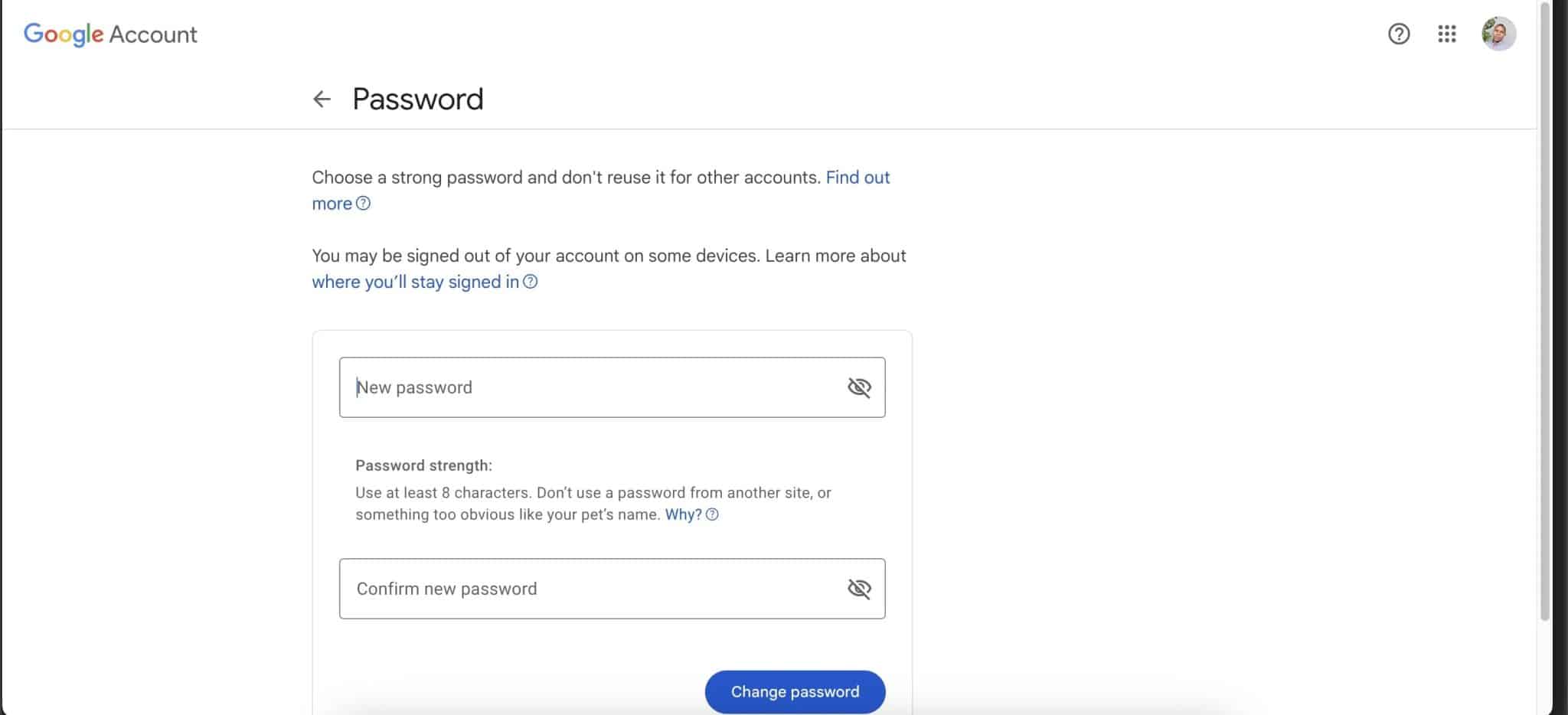 Google Account password change page