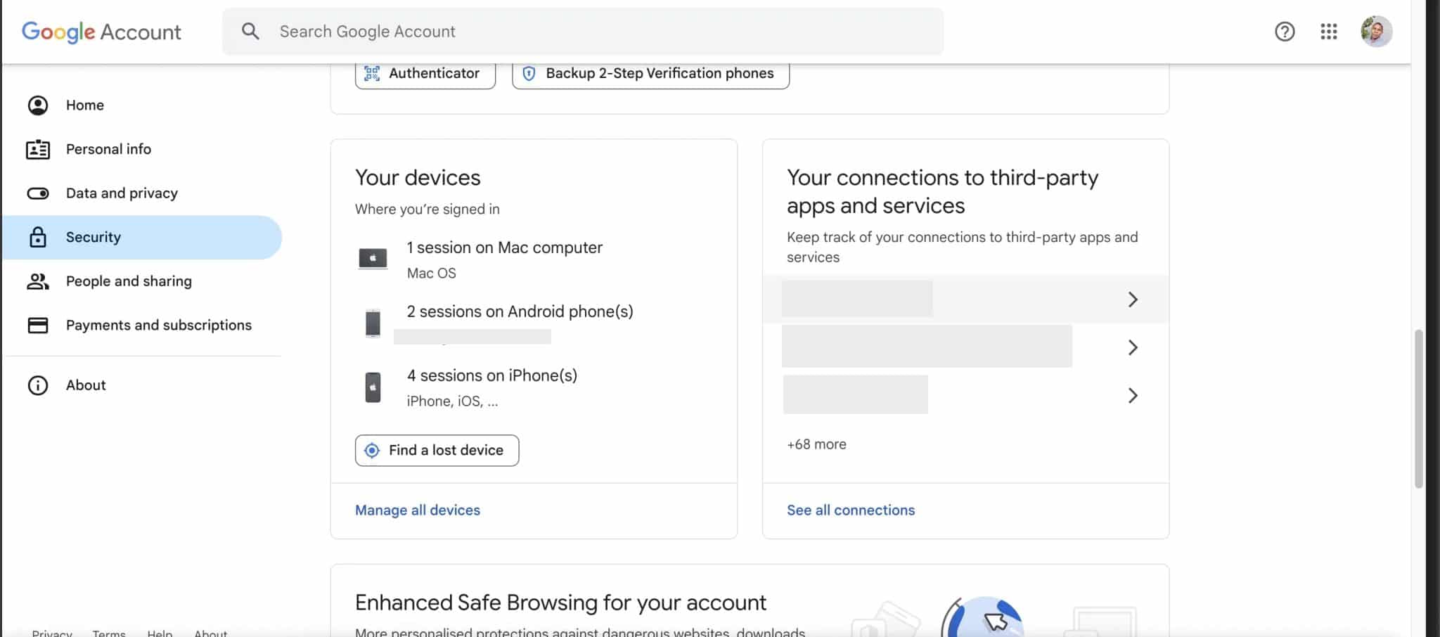 صفحة أمان حساب Google تعرض الأجهزة