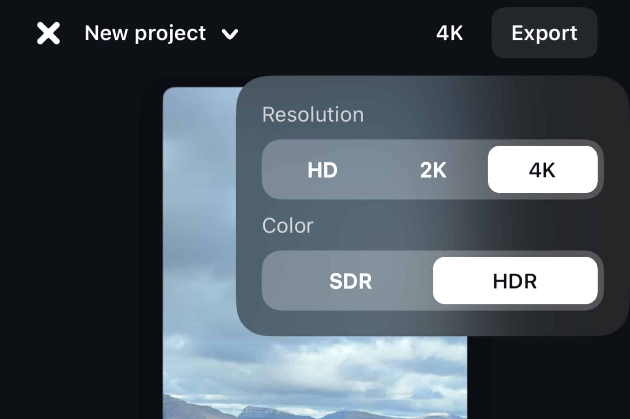 خيارات التصدير في تطبيق Edits