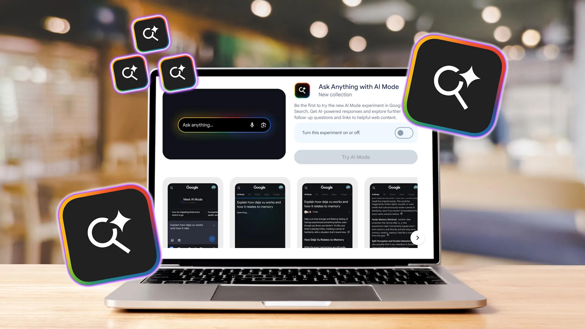 جهاز كمبيوتر محمول على الطاولة مع وضع الذكاء الاصطناعي من Google على الشاشة.