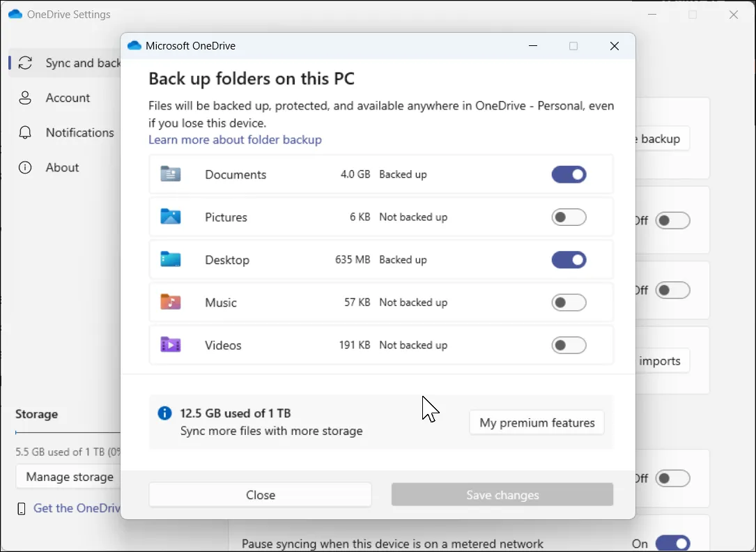 إعدادات مجلد النسخ الاحتياطي في Microsoft Onedrive