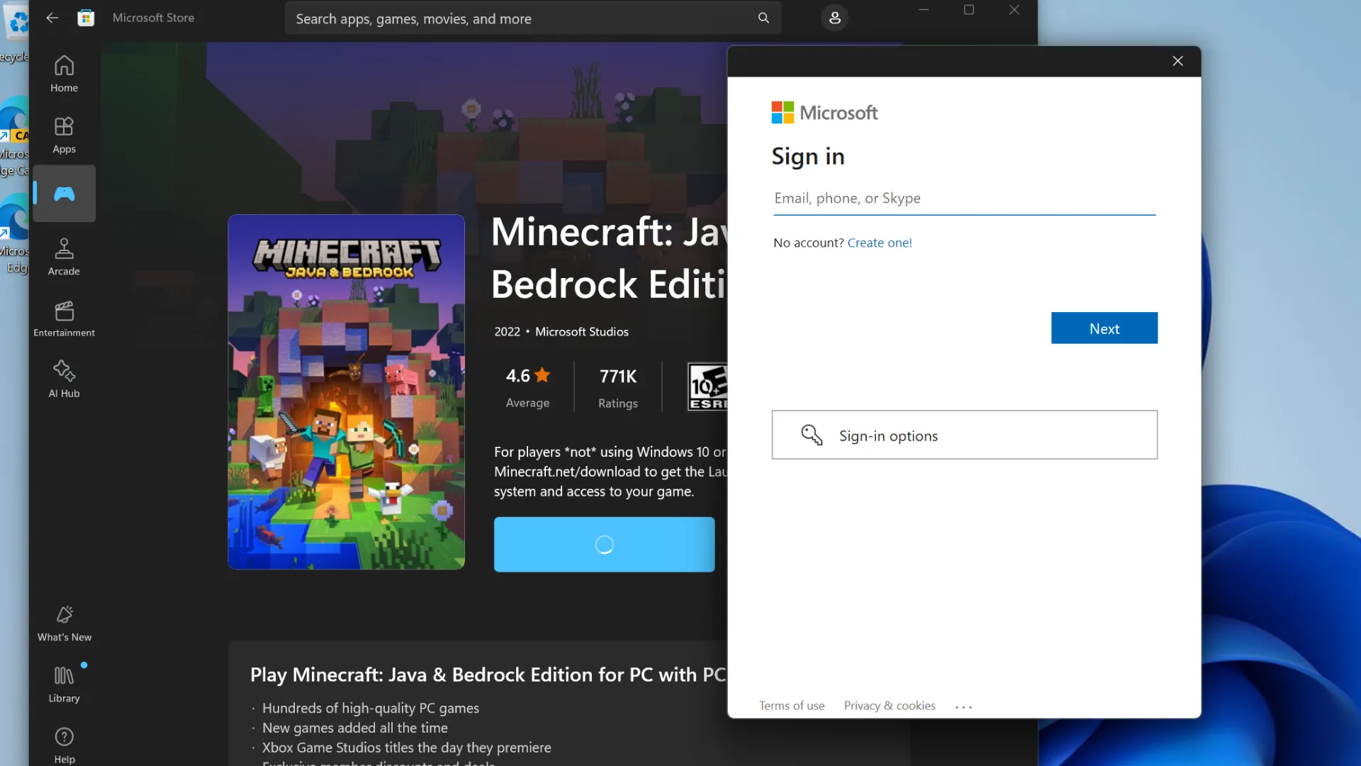 Microsoft Store asks to sign in to a microsoft account to complete purchase