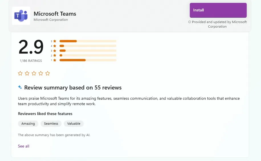 Microsoft Teams rating on Microsoft Store