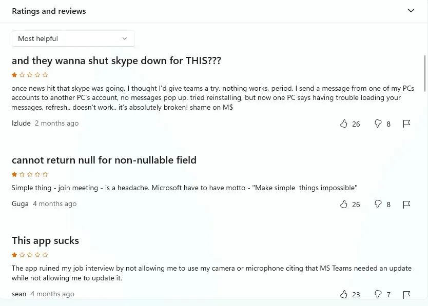 Microsoft Teams reviews on Microsoft Store