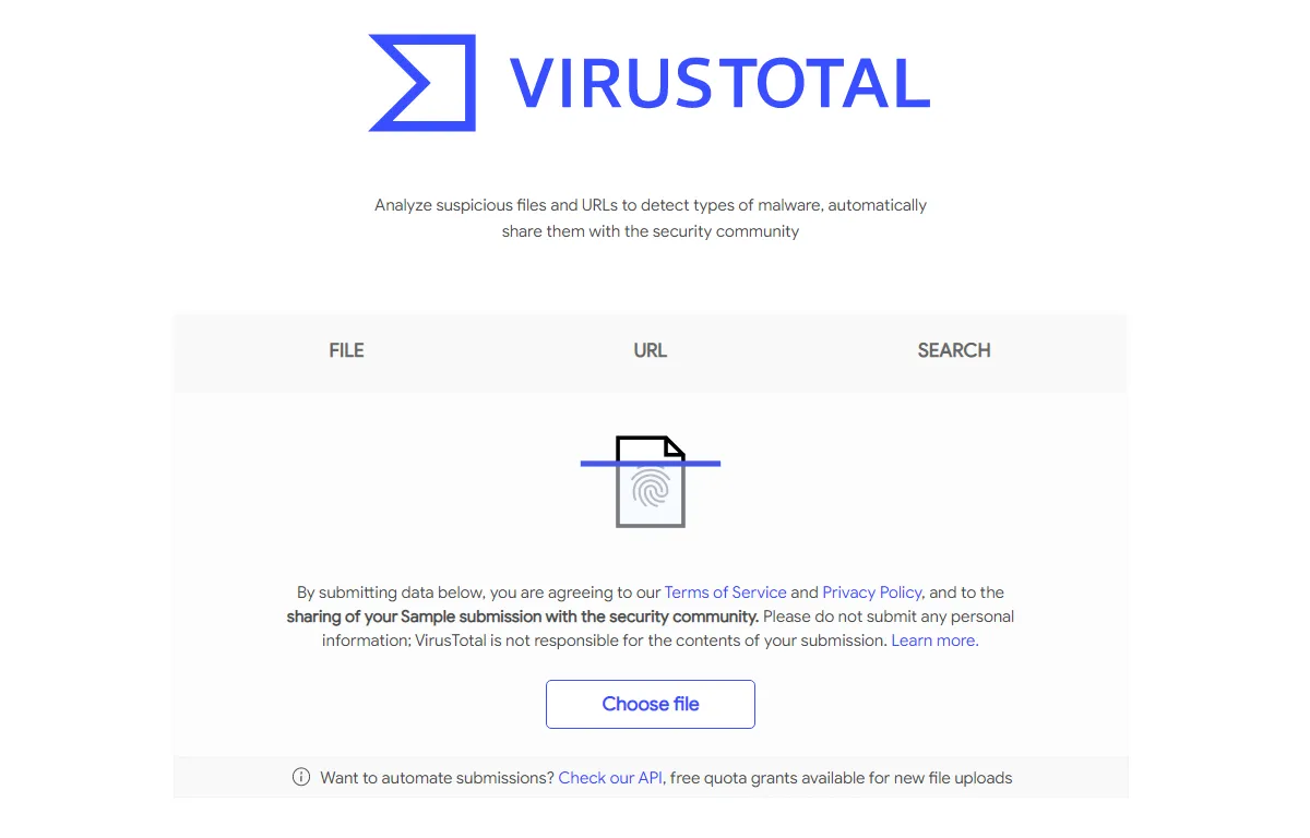 صفحة VirusTotal الرئيسية للتحقق مما إذا كان الرابط آمنًا.
