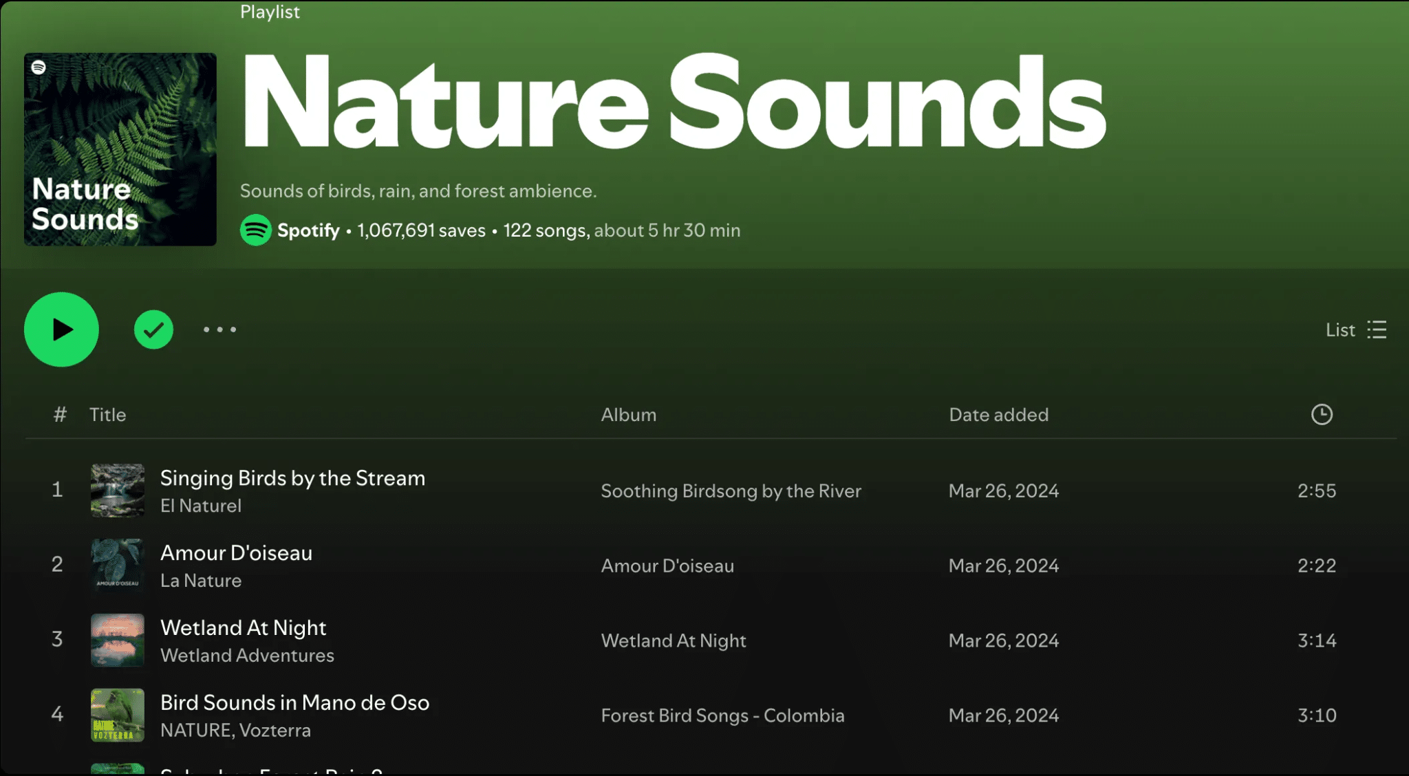 Nature Sounds playlist on Spotify