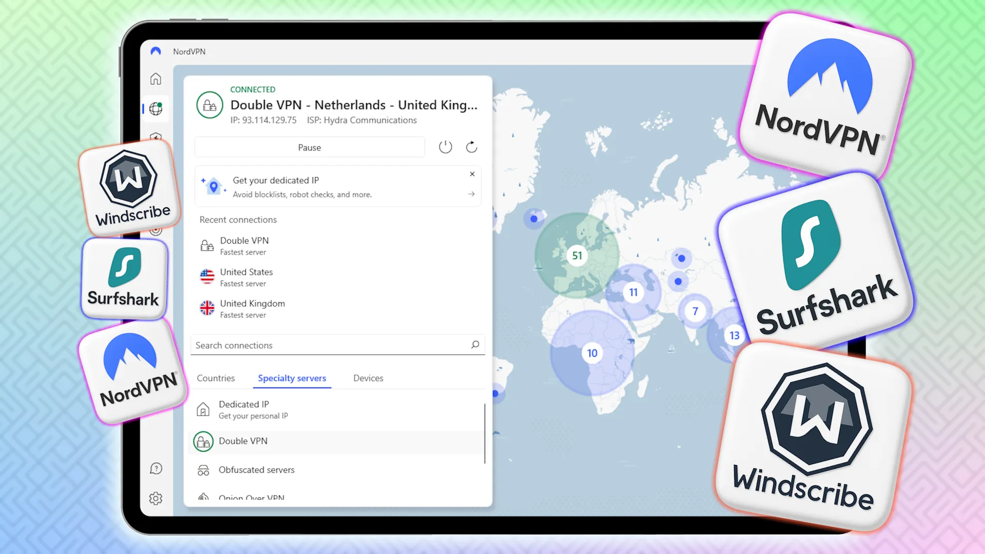 شاشة جهاز لوحي تعرض NordVPN Double VPN مع مربعات الشعار.