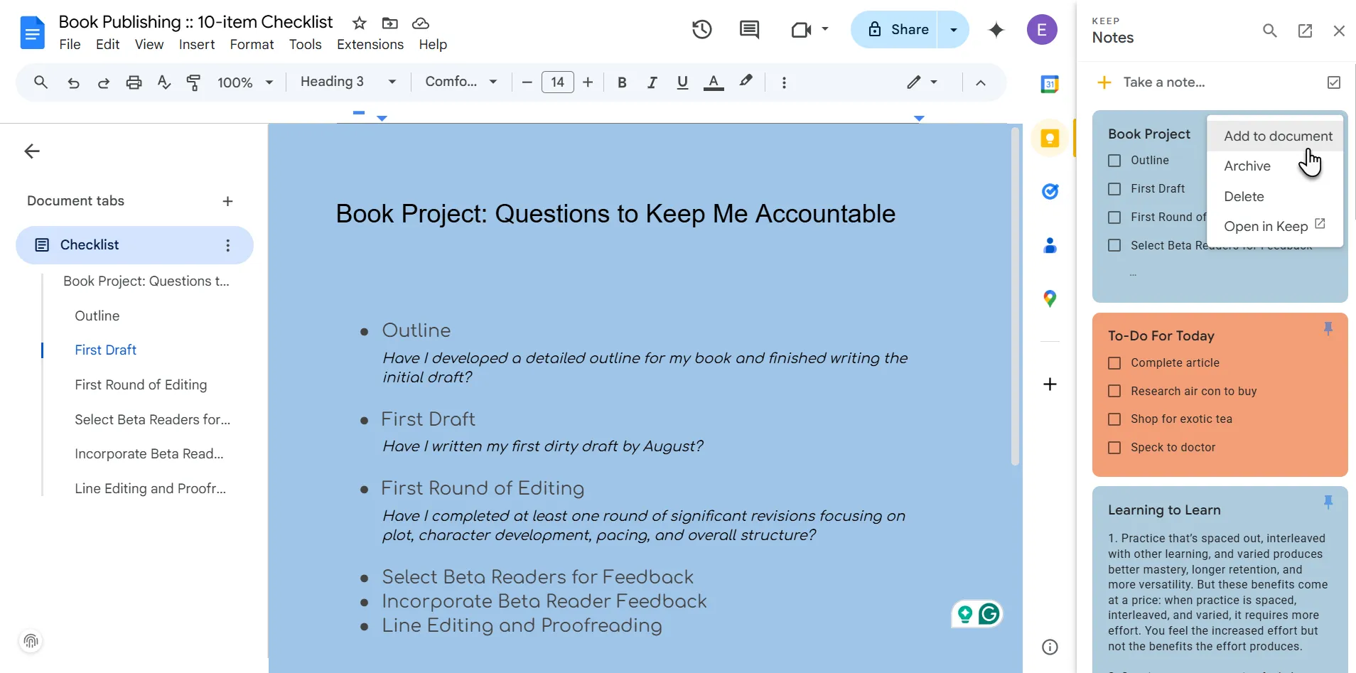 Sending notes from Keep to Google Docs