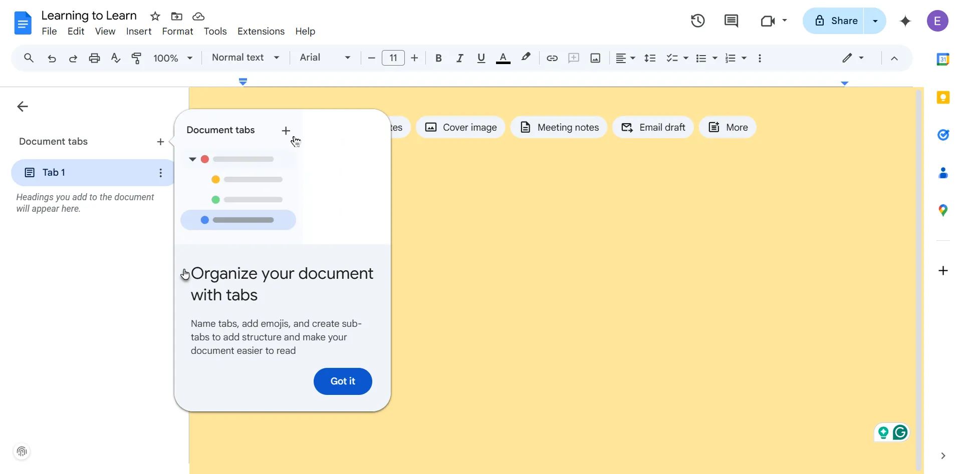 نظام علامات التبويب في مستند Google