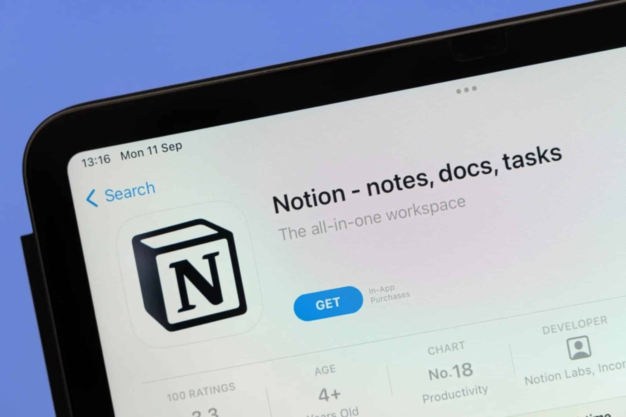 تطبيق Notion في متجر التطبيقات على جهاز لوحي