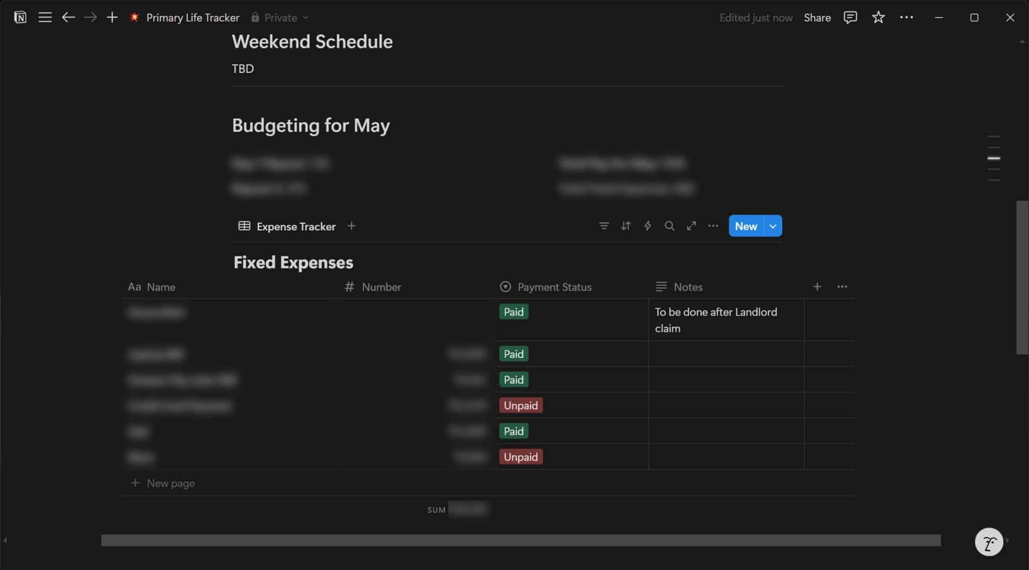 Expense tracker in Notion database