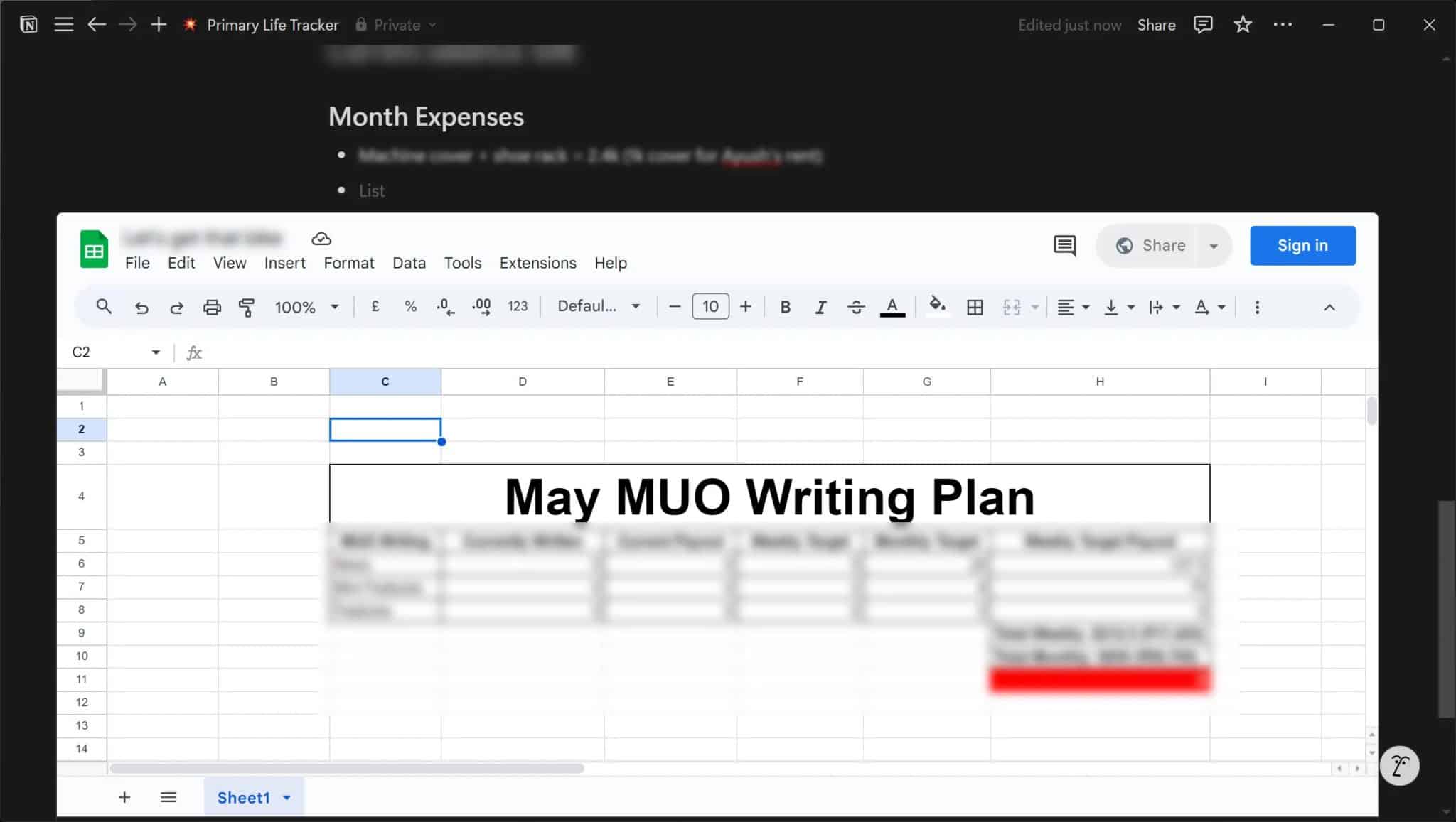 جدول بيانات Google Sheets مضمن في Notion