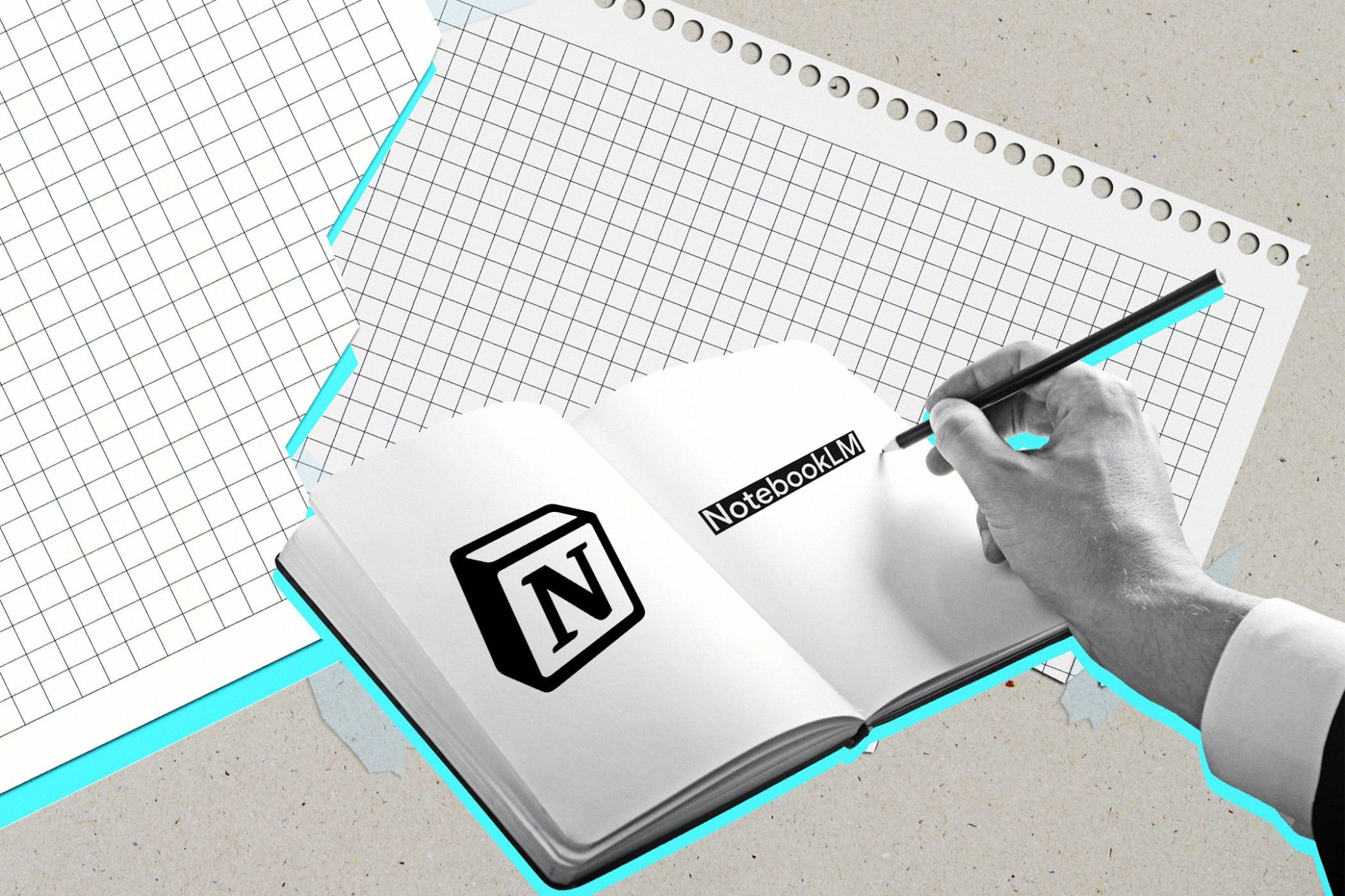 Open book with Notion and NotebookLM logos on the pages
