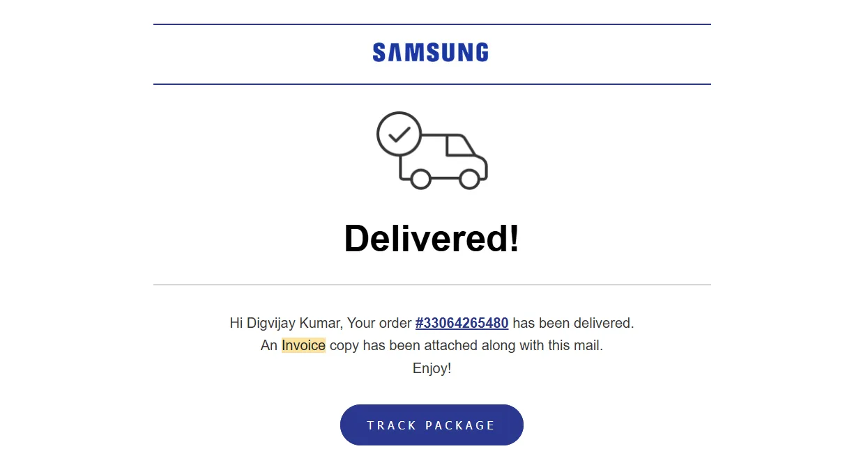 Order confirmation email from Samsung with invoice