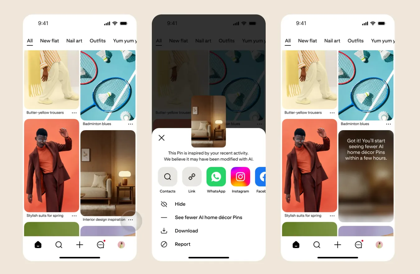 An example of how you can choose to see fewer AI pins on Pinterest