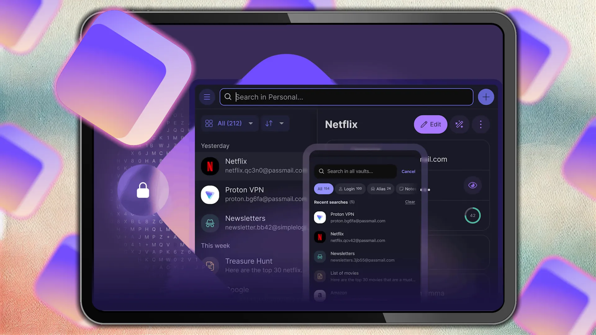 شعار Proton Pass وواجهة المستخدم على شاشة جهاز لوحي.