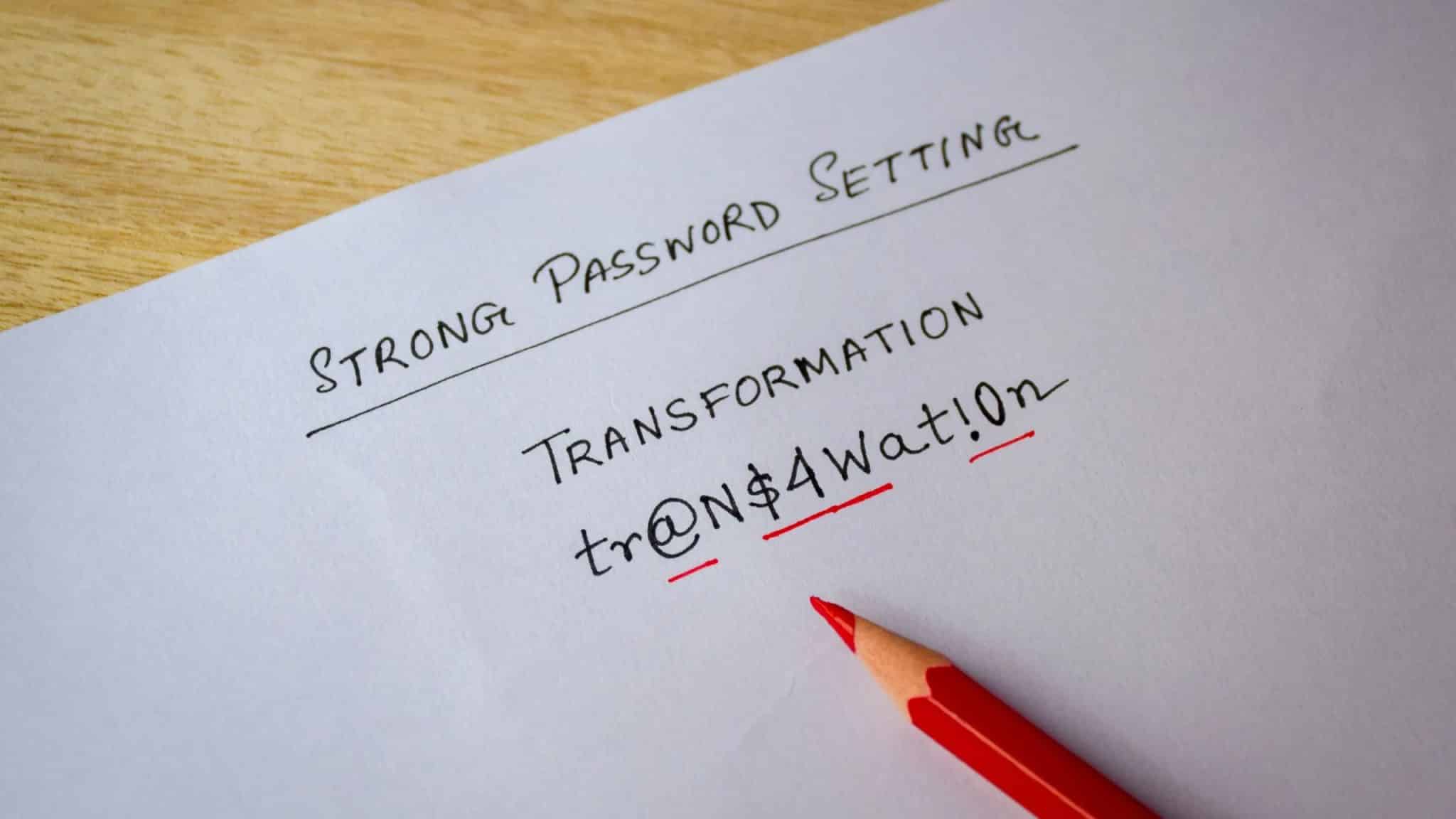 قلم رصاص أحمر يسطر كلمة مرور قوية على الورق