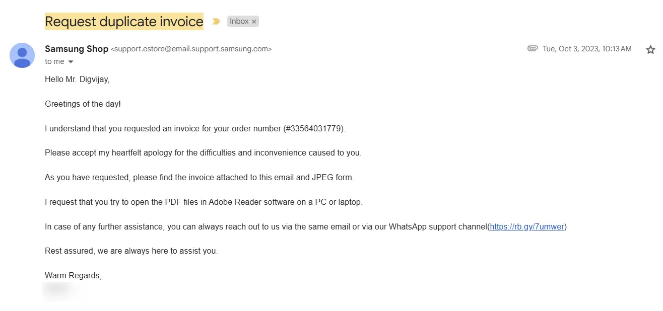 رد من Samsung بخصوص طلب نسخة مكررة من الفاتورة