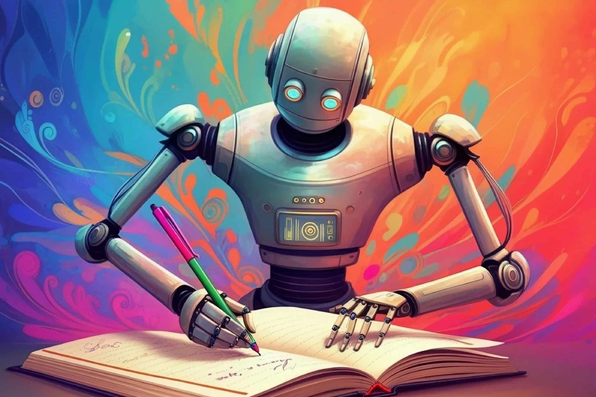 Robot writing a journal entry, colorful splattered background