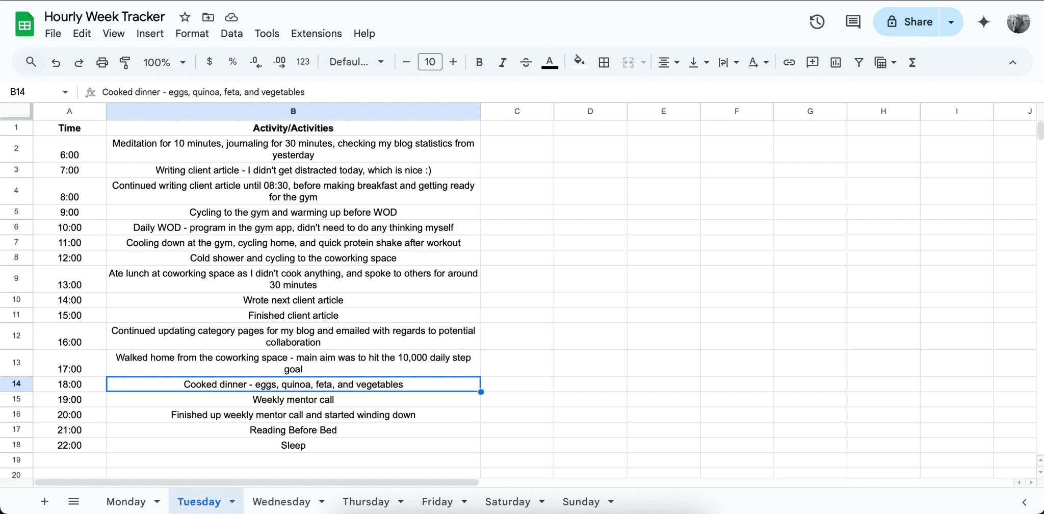Tracking a week in Google Docs