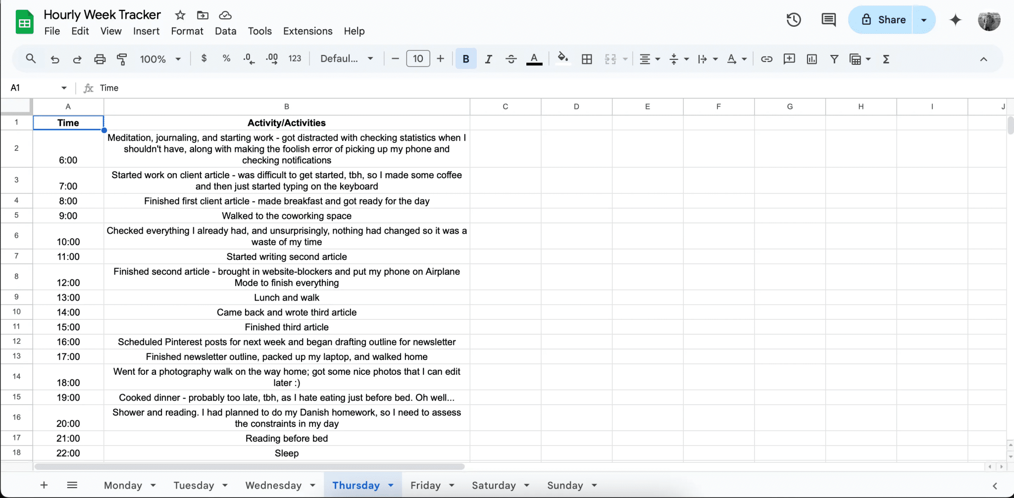 نتائج تتبع يوم الخميس على جداول بيانات Google