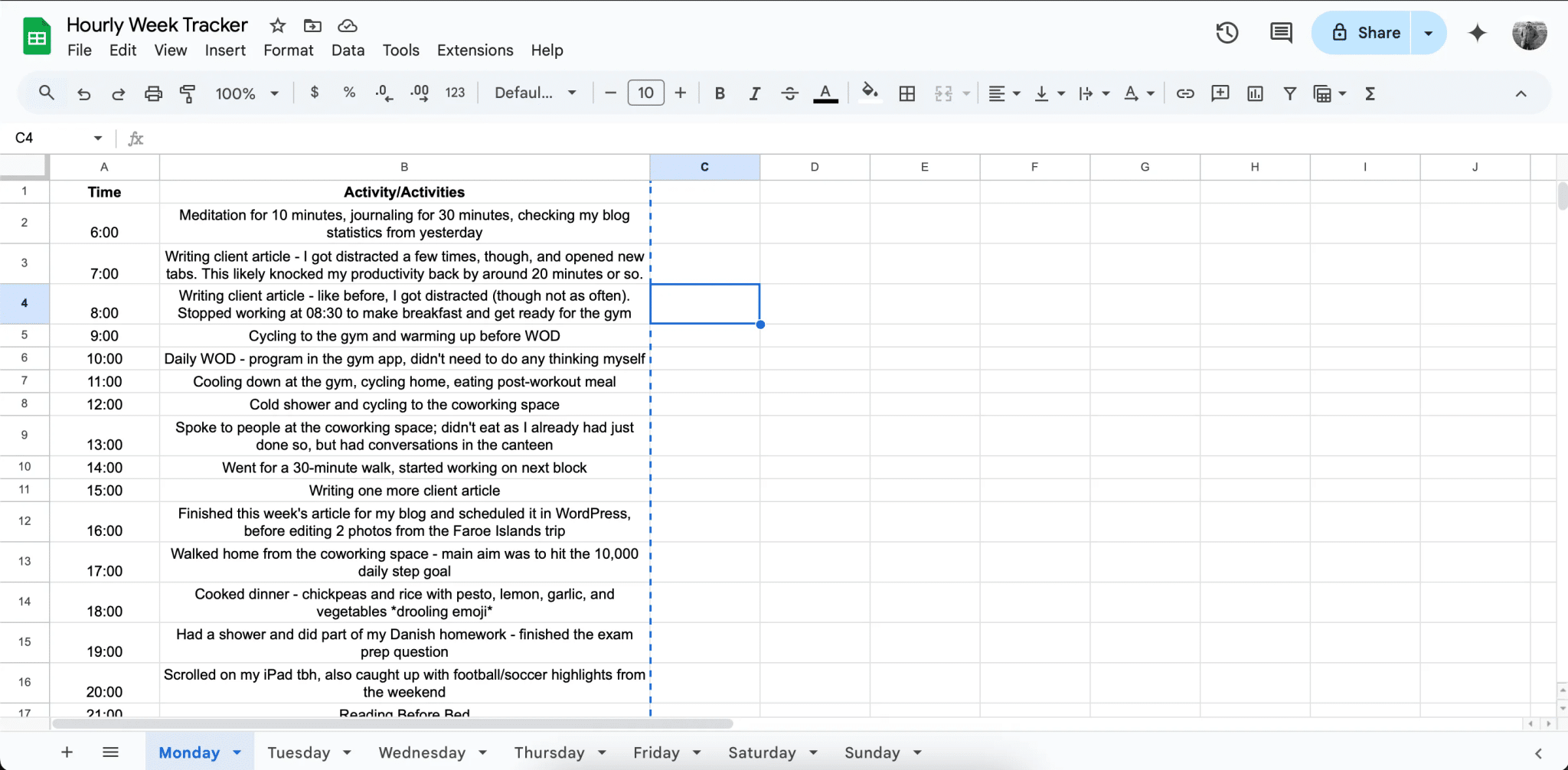 تتبع صباح يوم الاثنين في تطبيق جداول بيانات جوجل