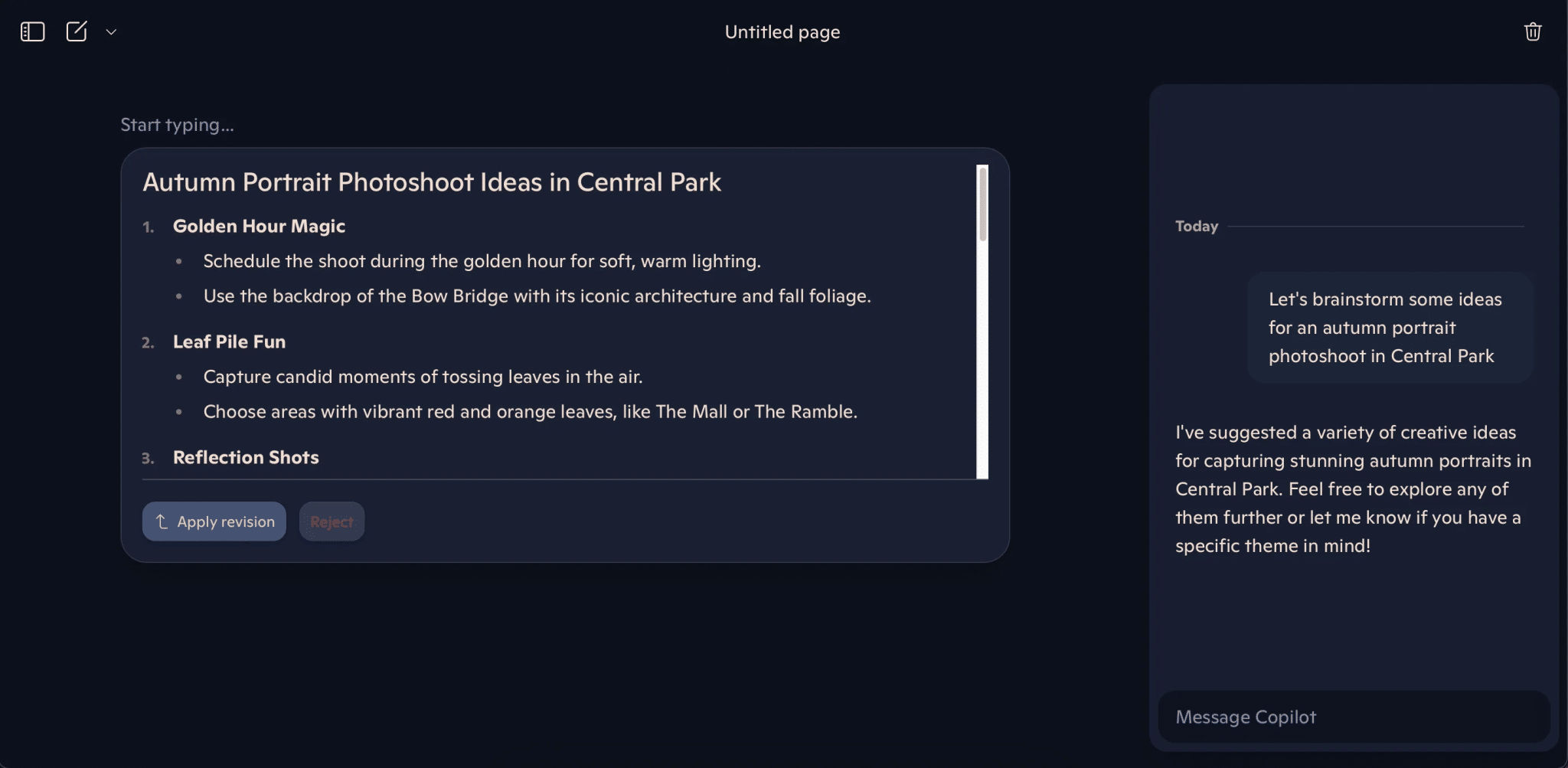 العصف الذهني في صفحات Copilot