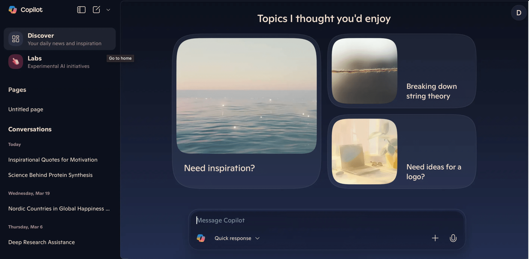 Copilot يقترح مواضيع قد تنال إعجابي في التطبيق