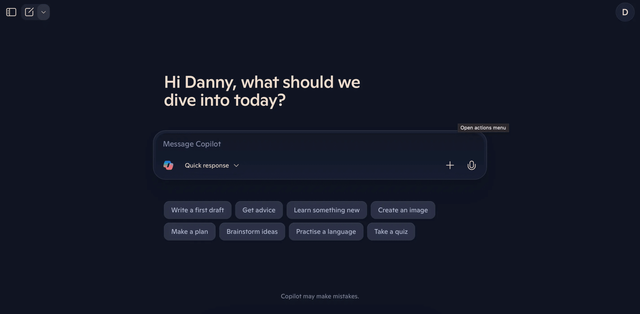 A list of initial prompts in the Copilot web app