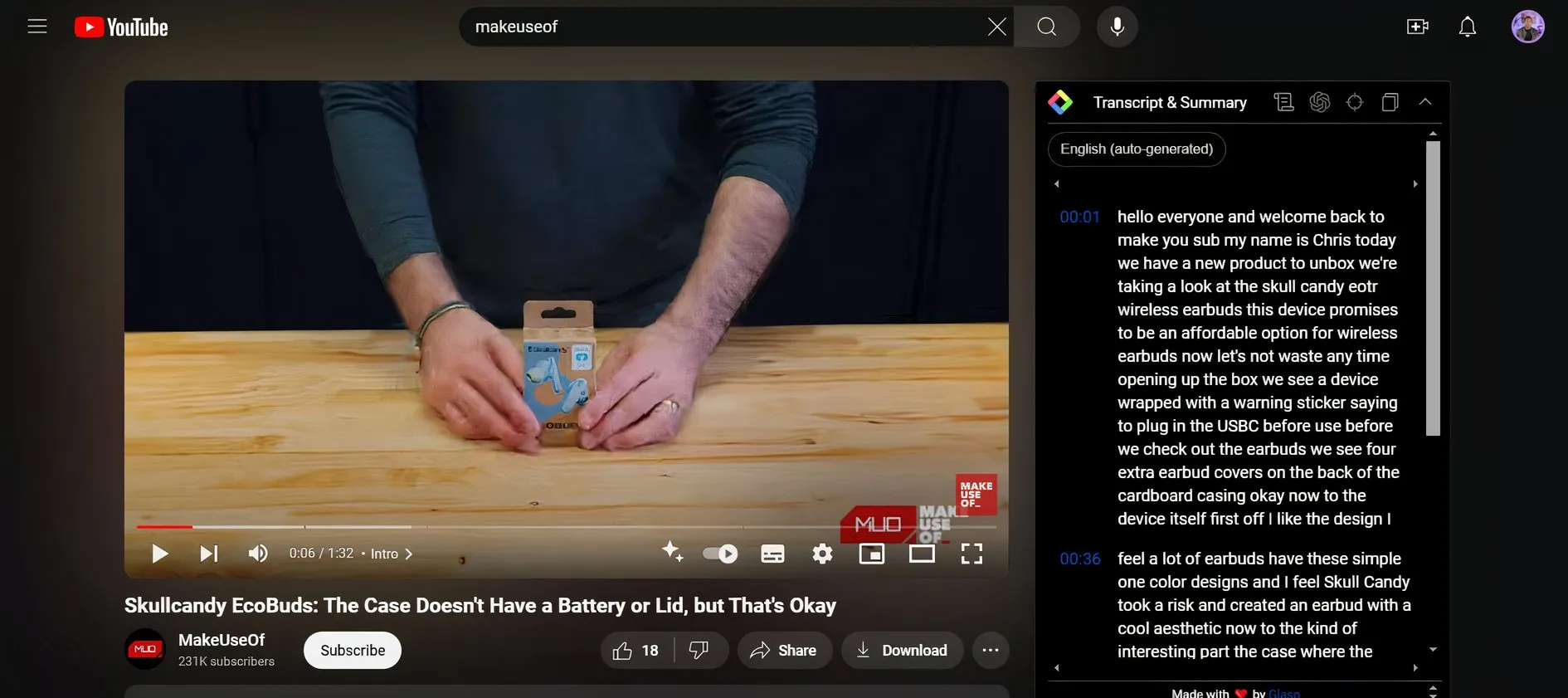 screenshot showing makeuseof video on youtube
