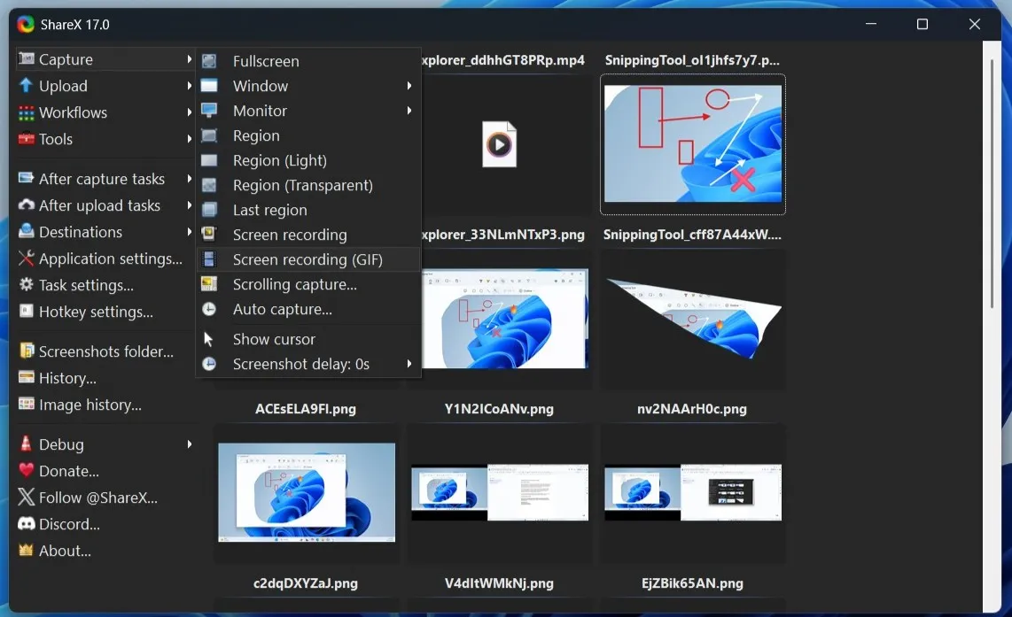 تطبيق ShareX يعرض خيارات الالتقاط على نظام التشغيل Windows