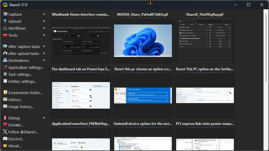واجهة مستخدم ShareX على نظام التشغيل Windows 11
