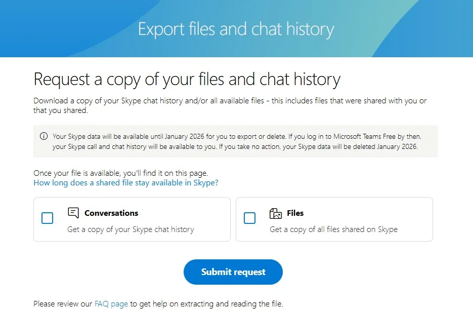 Skype export history page