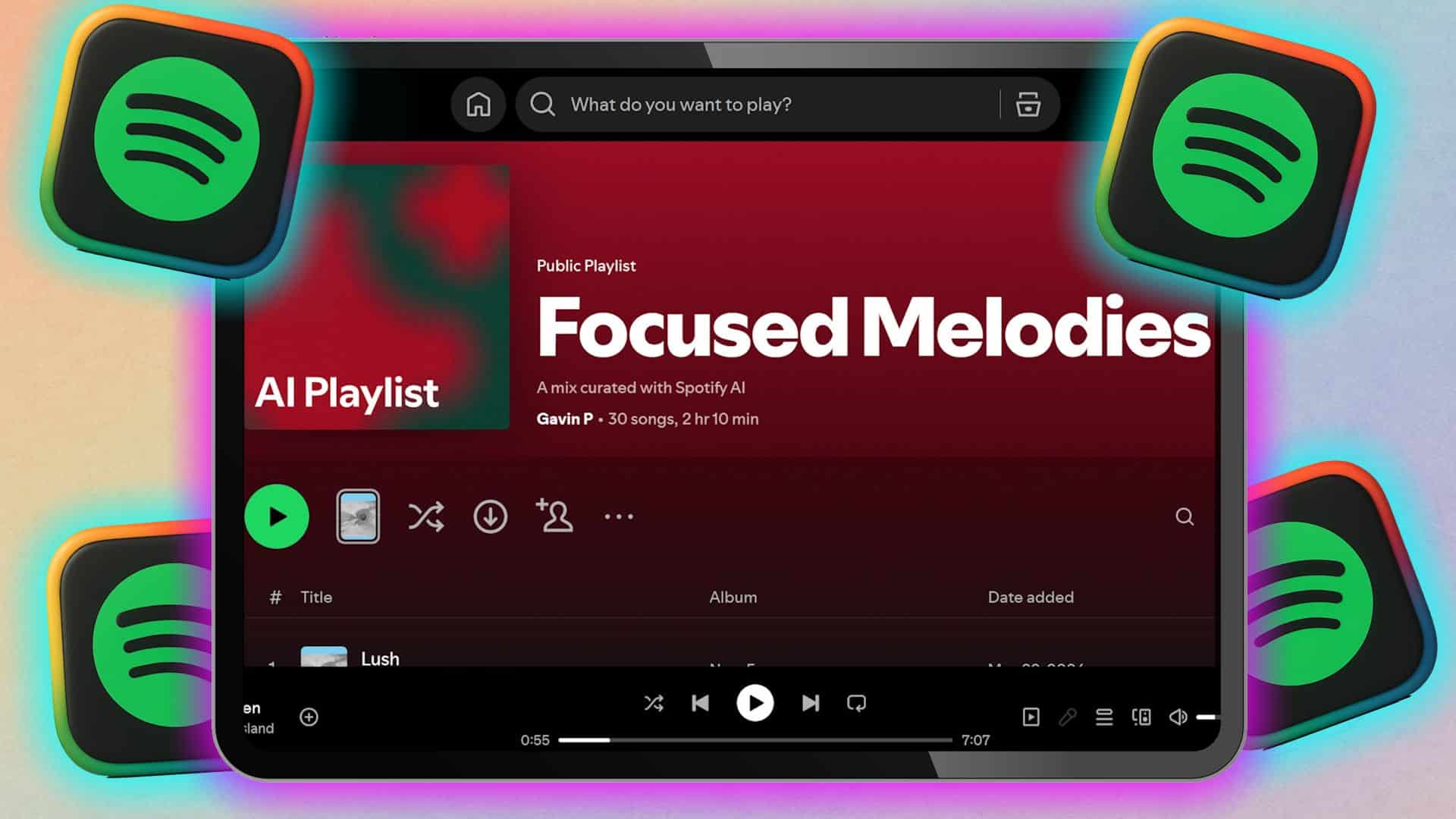 قائمة تشغيل Spotify بالذكاء الاصطناعي على شاشة جهاز لوحي مع شعارات Spotify.
