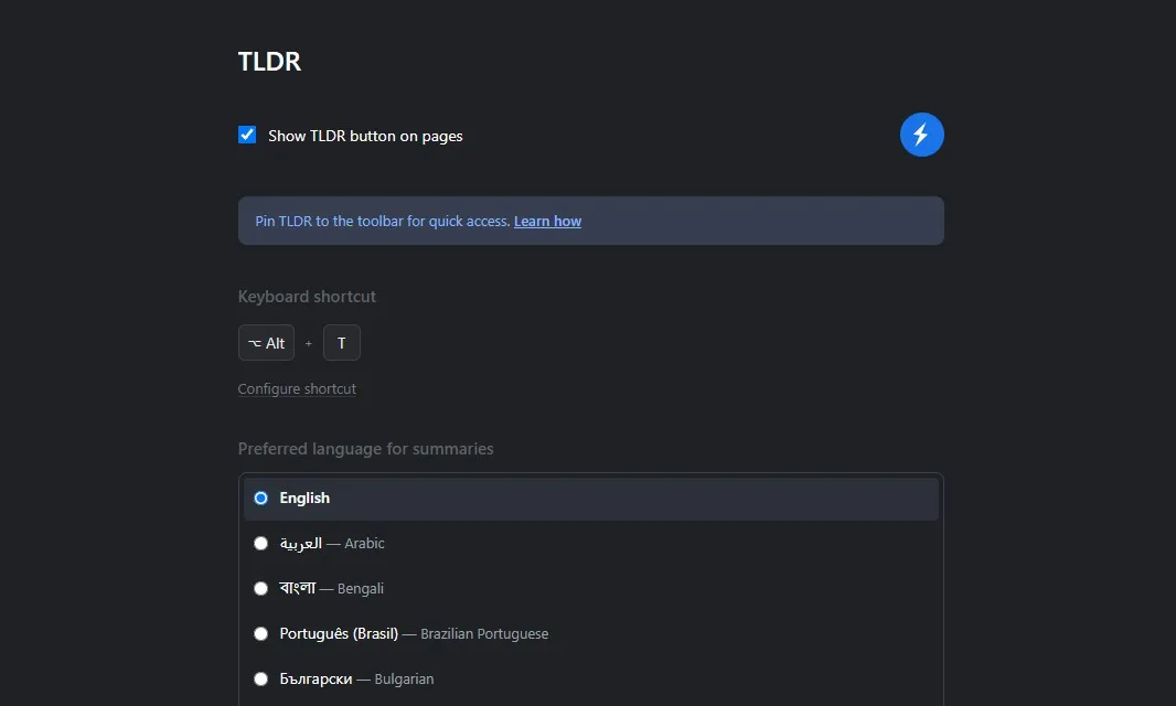 TLDR Chrome extension settings page
