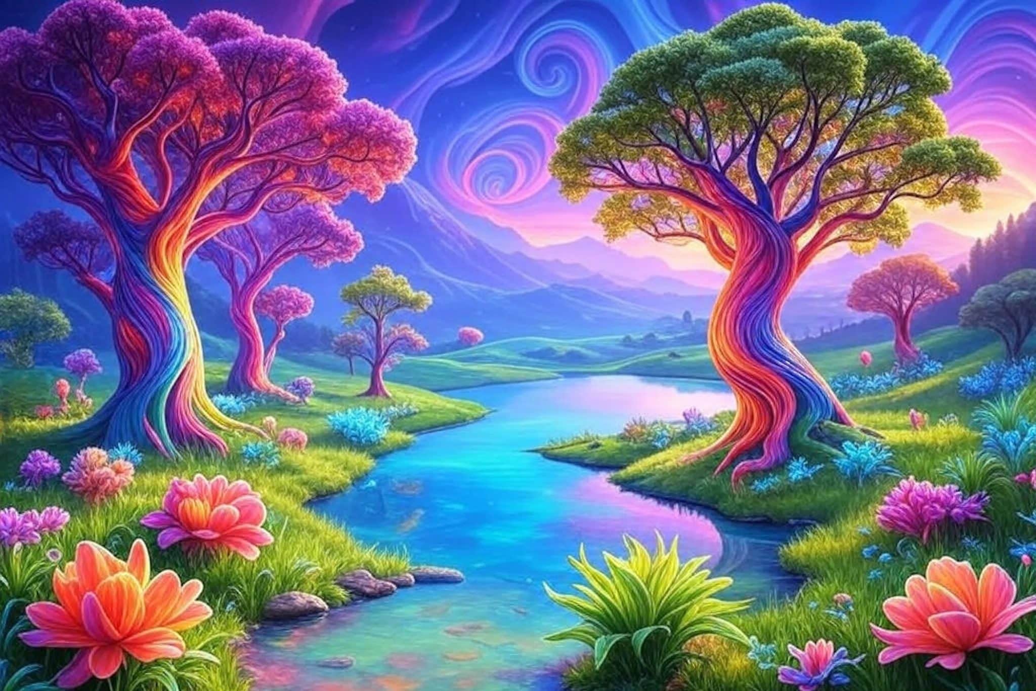 منظر طبيعي سريالي بأشجار ملونة ونهر متدفق