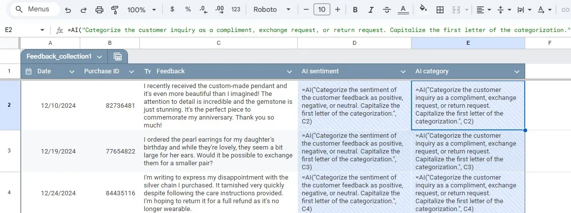 استخدام دالة الذكاء الاصطناعي AI في جداول بيانات جوجل