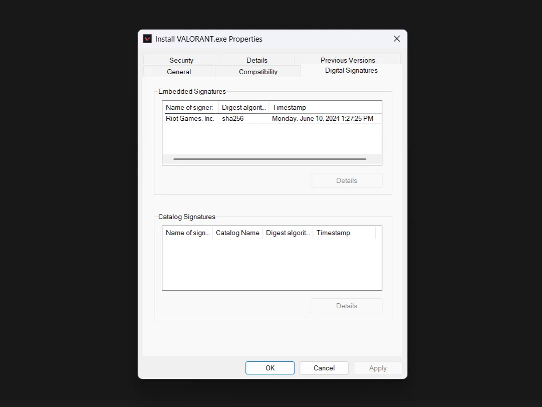 Valorant digital signatures in file properties.