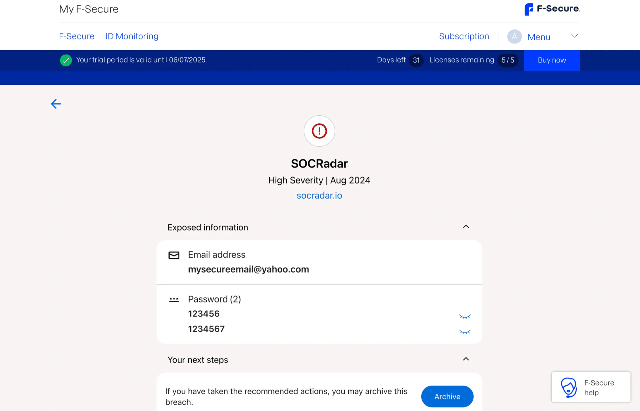 عرض تفاصيل التسريب لخرق البيانات، مع إظهار البيانات المسربة والخطورة وتاريخ العثور عليها