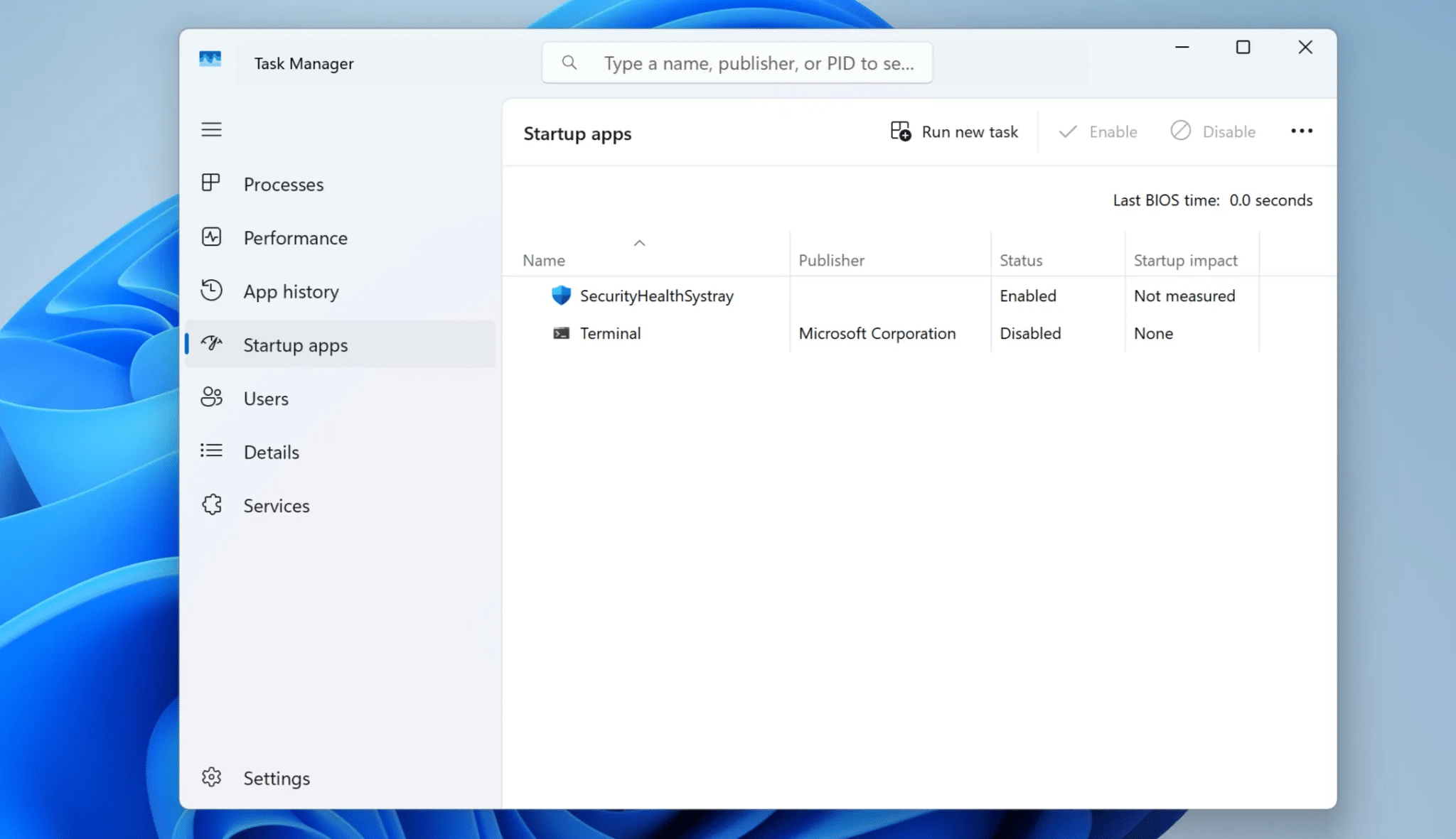 Viewing start up apps page in Windows 11